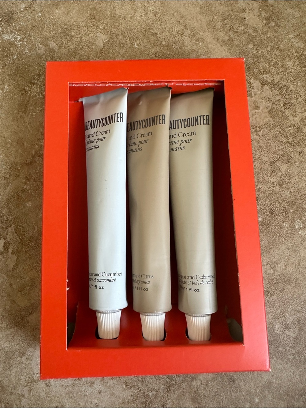 beautycounter Hand Cream Trio in Beige and Taupe with Red Box